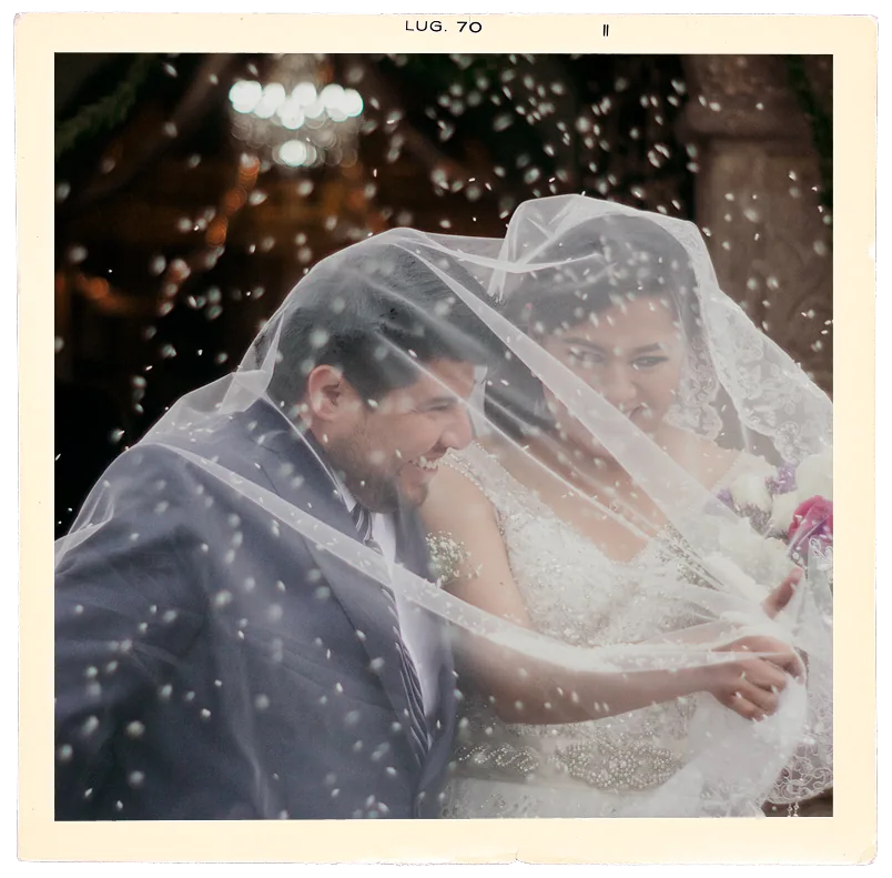 Los novios abrazados bajo el velo entre pétalos